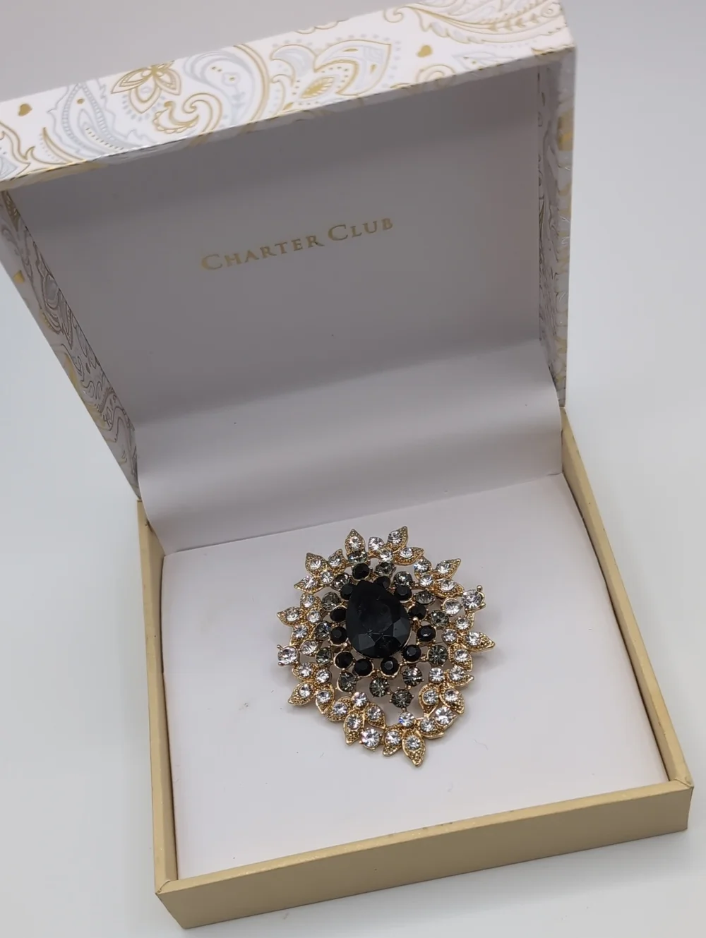 MACY'S Boxed Cluster Goldtone & Gray Black Rhinestone Brooch Pin NWT